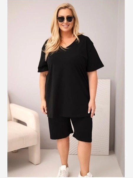 Dámsky bavlnený komplet Plus Size s blúzkou a šortkami čierny