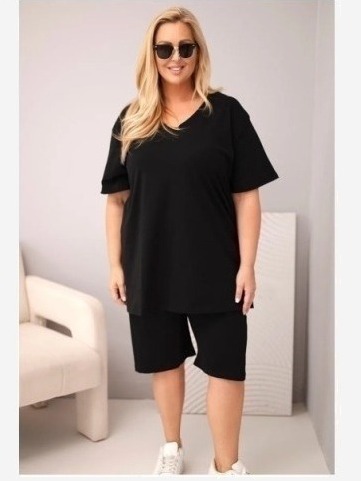 Dámsky bavlnený komplet Plus Size s blúzkou a šortkami čierny