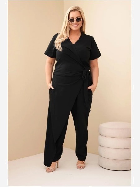 Dámsky bavlnený overal Plus Size so zaväzovaním v páse čierny