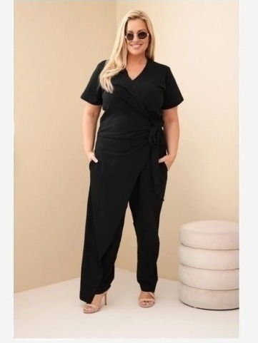 Dámsky bavlnený overal Plus Size so zaväzovaním v páse čierny