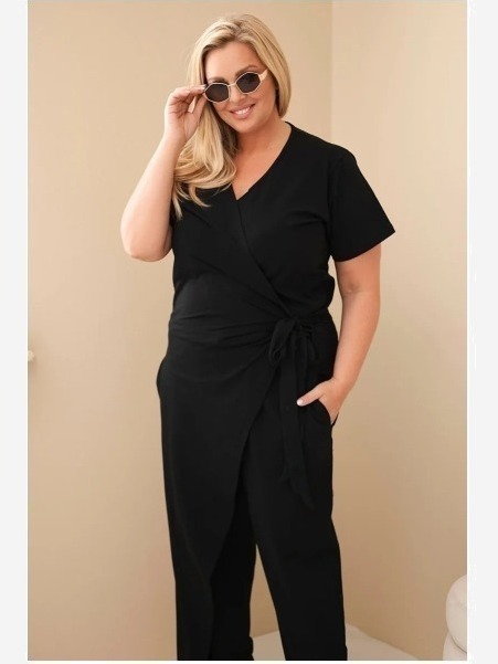 Dámsky bavlnený overal Plus Size so zaväzovaním v páse čierny