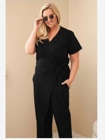 Dámsky bavlnený overal Plus Size so zaväzovaním v páse čierny