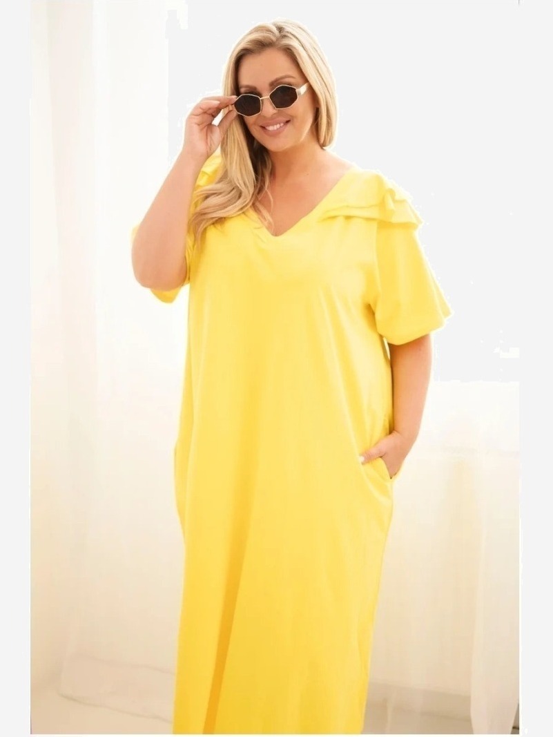 Dámske bavlnené plus size šaty s volánom na ramenách žltá