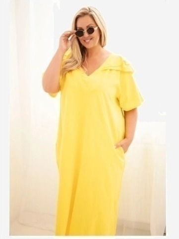 Dámske bavlnené plus size šaty s volánom na ramenách žltá