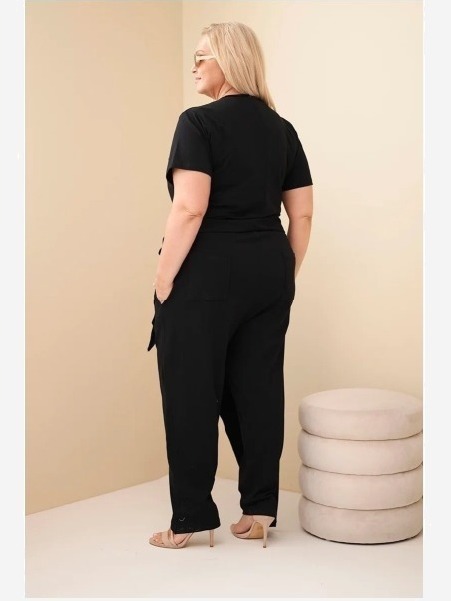 Dámsky bavlnený overal Plus Size so zaväzovaním v páse čierny