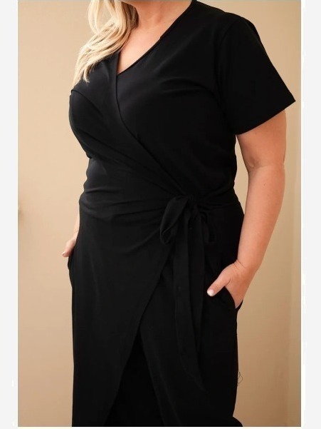Dámsky bavlnený overal Plus Size so zaväzovaním v páse čierny