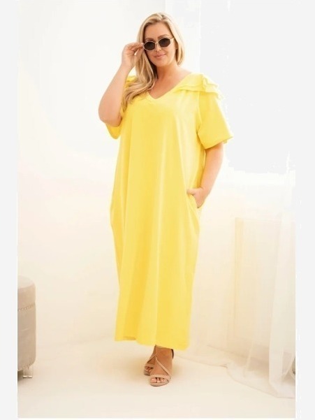 Dámske bavlnené plus size šaty s volánom na ramenách žltá