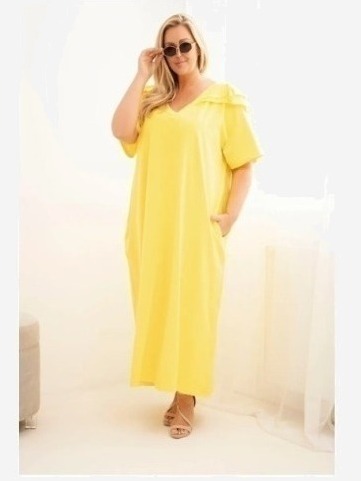 Dámske bavlnené plus size šaty s volánom na ramenách žltá