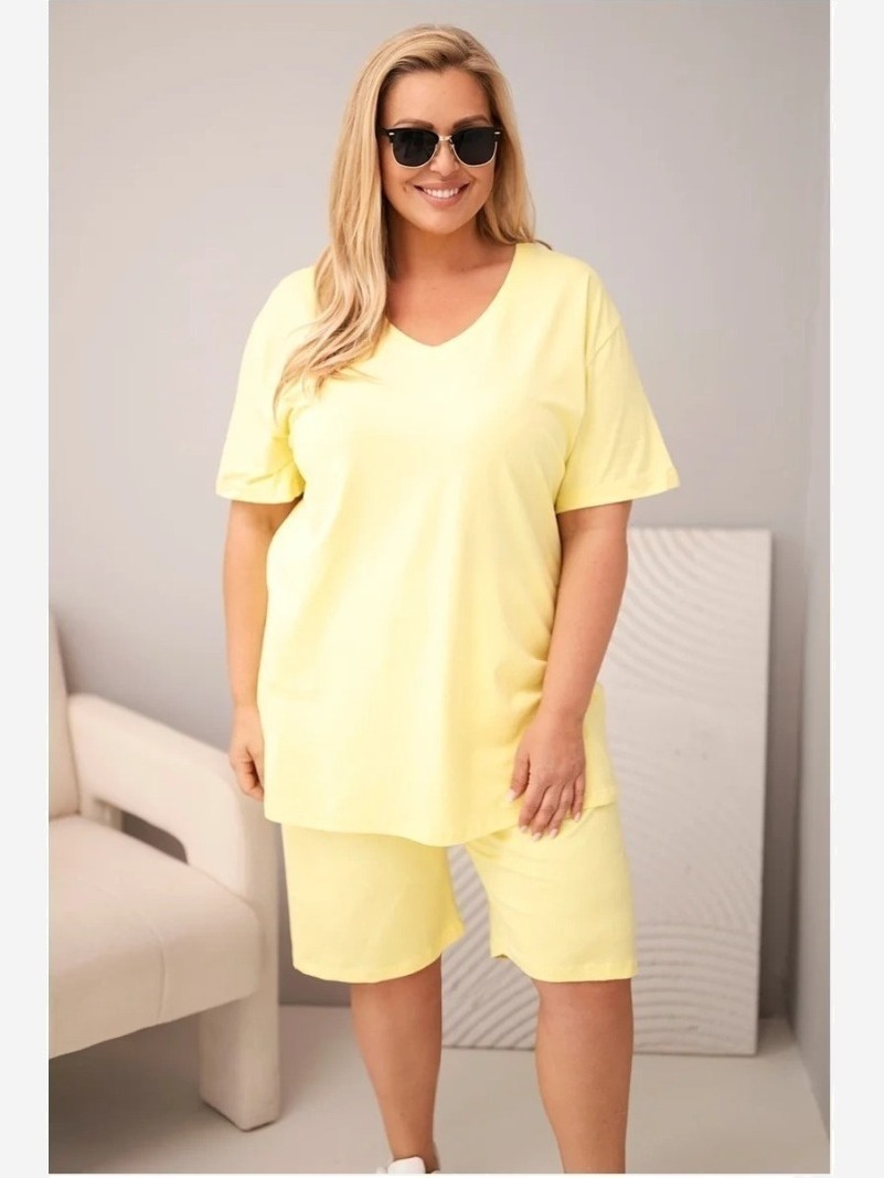 Dámsky bavlnený komplet Plus Size s blúzkou a šortkami žltý