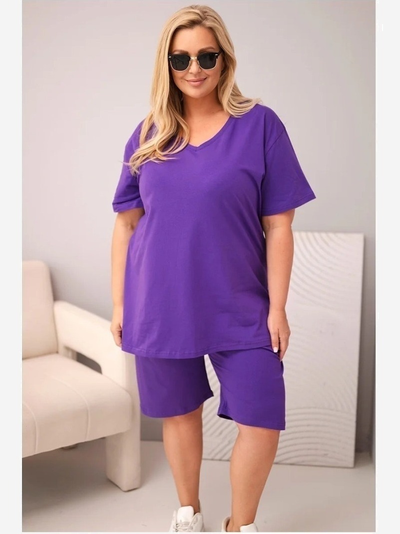 Dámsky bavlnený komplet Plus Size s blúzkou a šortkami fialový