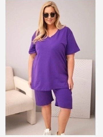 Dámsky bavlnený komplet Plus Size s blúzkou a šortkami fialový