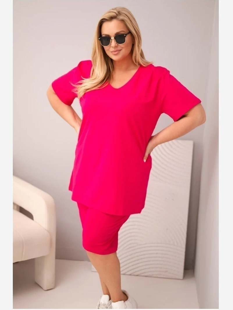 Dámsky bavlnený komplet Plus Size s blúzkou a šortkami fuchsiová
