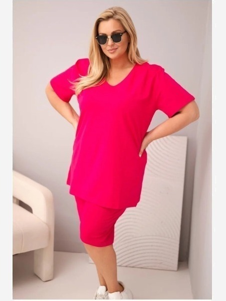 Dámsky bavlnený komplet Plus Size s blúzkou a šortkami fuchsiová