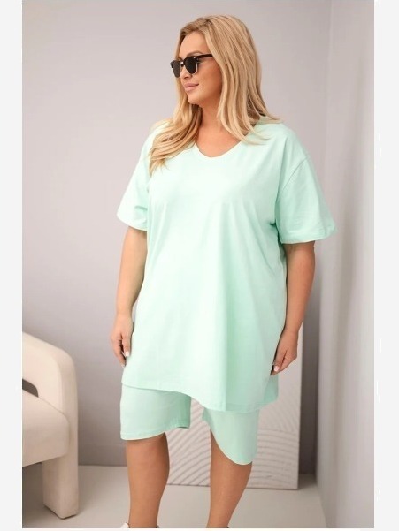 Dámsky bavlnený komplet Plus Size s blúzkou a šortkami mätový
