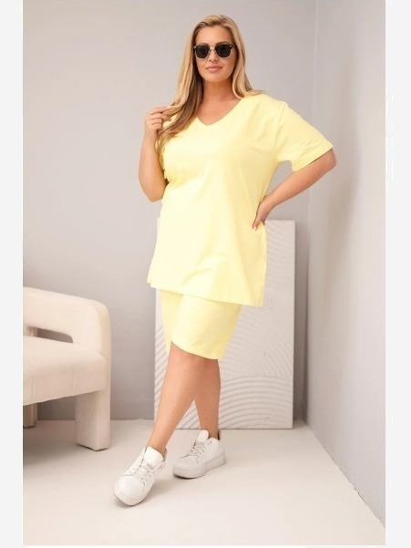 Dámsky bavlnený komplet Plus Size s blúzkou a šortkami žltý