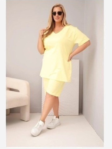 Dámsky bavlnený komplet Plus Size s blúzkou a šortkami žltý