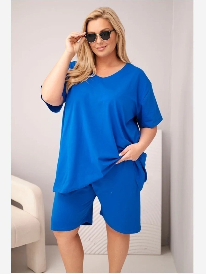 Dámsky bavlnený komplet Plus Size s blúzkou a šortkami chrpová