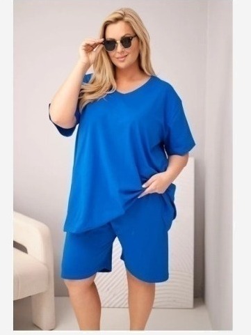 Dámsky bavlnený komplet Plus Size s blúzkou a šortkami chrpová