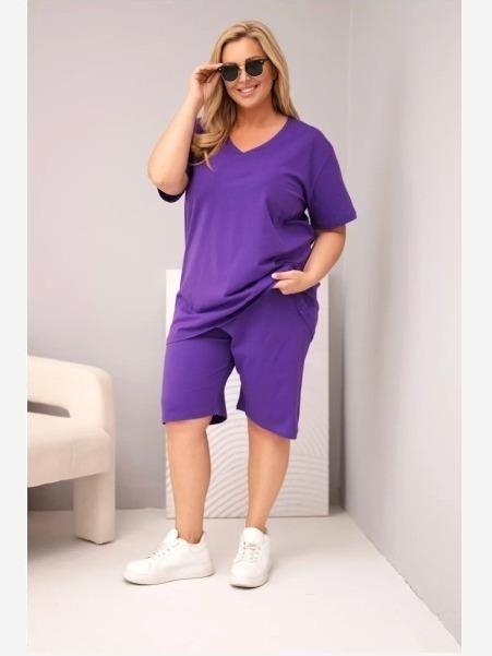 Dámsky bavlnený komplet Plus Size s blúzkou a šortkami fialový