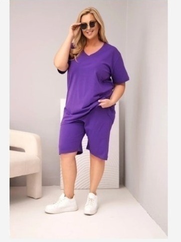 Dámsky bavlnený komplet Plus Size s blúzkou a šortkami fialový
