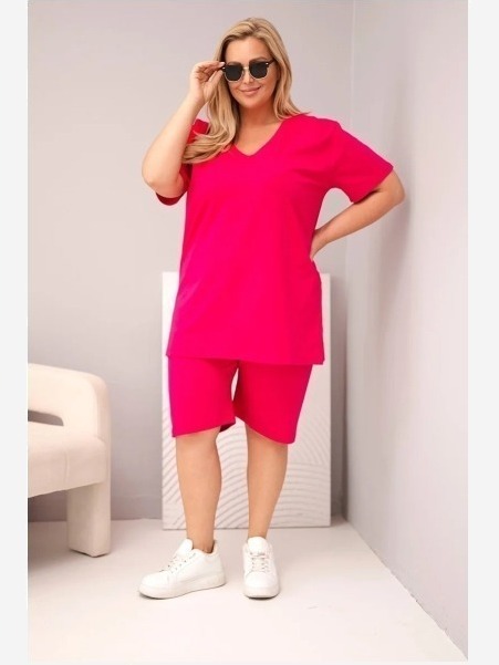 Dámsky bavlnený komplet Plus Size s blúzkou a šortkami fuchsiová