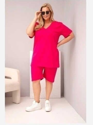Dámsky bavlnený komplet Plus Size s blúzkou a šortkami fuchsiová