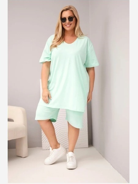 Dámsky bavlnený komplet Plus Size s blúzkou a šortkami mätový