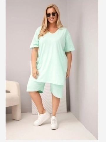 Dámsky bavlnený komplet Plus Size s blúzkou a šortkami mätový