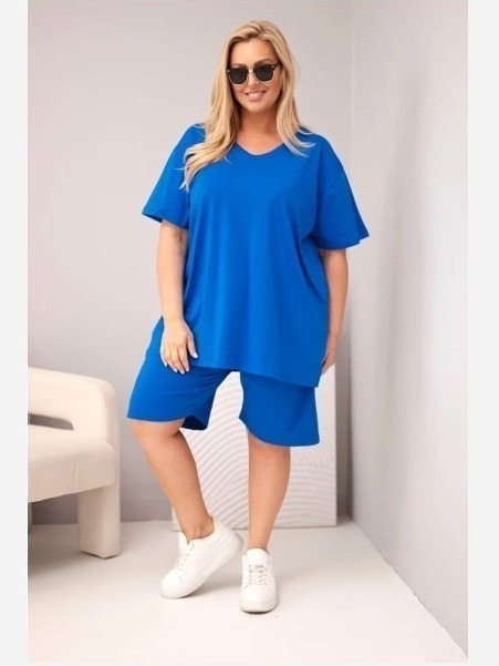 Dámsky bavlnený komplet Plus Size s blúzkou a šortkami chrpová