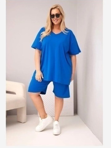 Dámsky bavlnený komplet Plus Size s blúzkou a šortkami chrpová