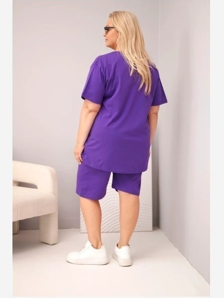 Dámsky bavlnený komplet Plus Size s blúzkou a šortkami fialový