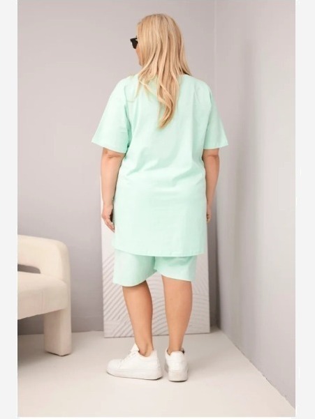 Dámsky bavlnený komplet Plus Size s blúzkou a šortkami mätový
