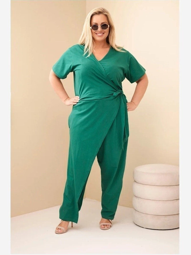 Dámsky bavlnený overal Plus Size so zaväzovaním v páse zelený
