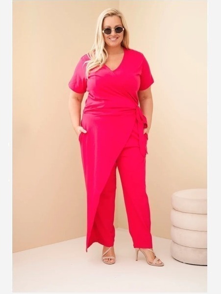 Dámsky bavlnený overal Plus Size so zaväzovaním v páse fuksia
