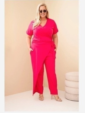 Dámsky bavlnený overal Plus Size so zaväzovaním v páse fuksia
