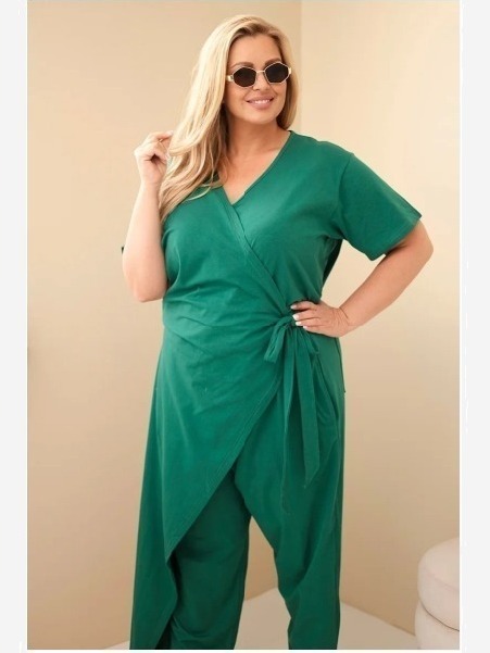 Dámsky bavlnený overal Plus Size so zaväzovaním v páse zelený