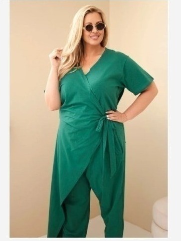 Dámsky bavlnený overal Plus Size so zaväzovaním v páse zelený