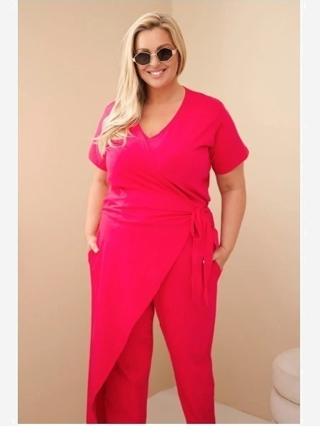 Dámsky bavlnený overal Plus Size so zaväzovaním v páse fuksia