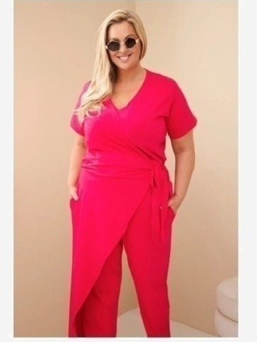 Dámsky bavlnený overal Plus Size so zaväzovaním v páse fuksia
