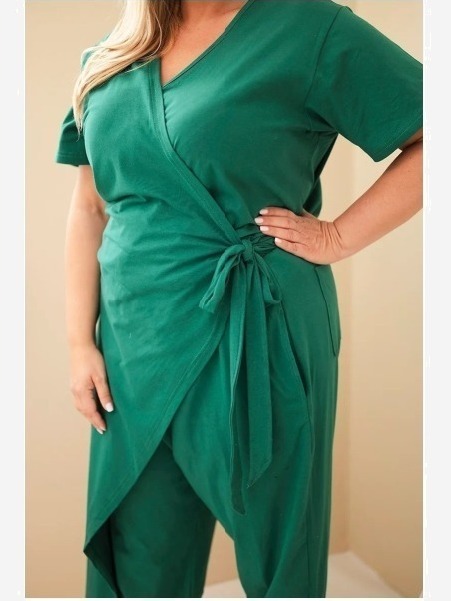 Dámsky bavlnený overal Plus Size so zaväzovaním v páse zelený