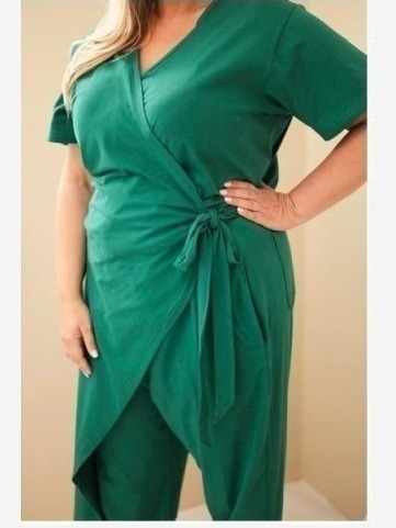 Dámsky bavlnený overal Plus Size so zaväzovaním v páse zelený