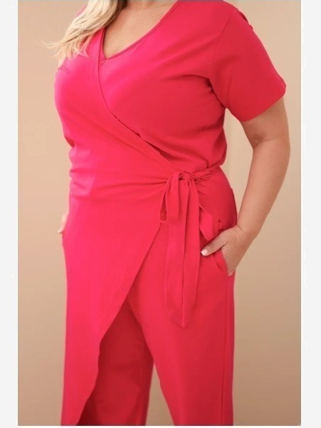 Dámsky bavlnený overal Plus Size so zaväzovaním v páse fuksia