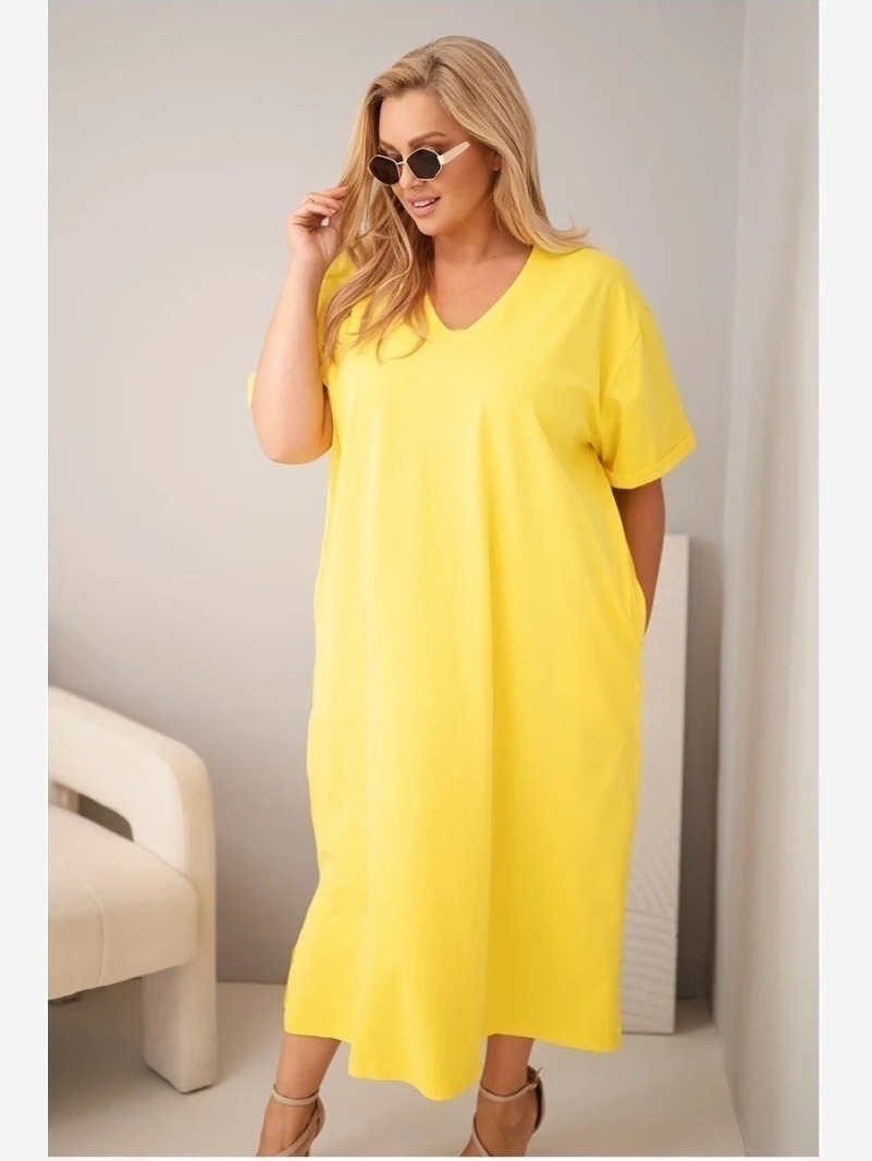 Dámske plus size bavlnené šaty s výstrihom do V žltá
