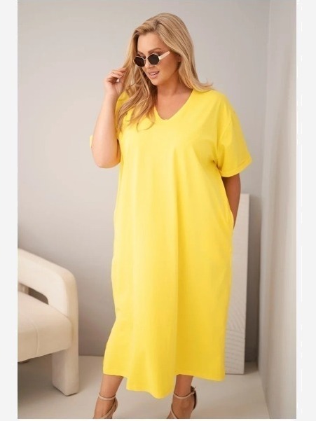 Dámske plus size bavlnené šaty s výstrihom do V žltá