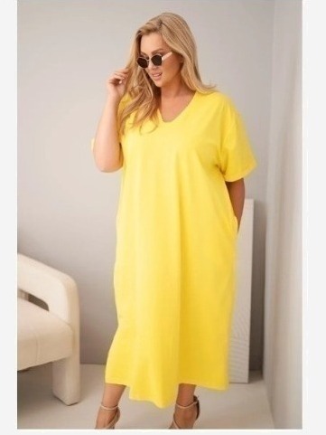Dámske plus size bavlnené šaty s výstrihom do V žltá