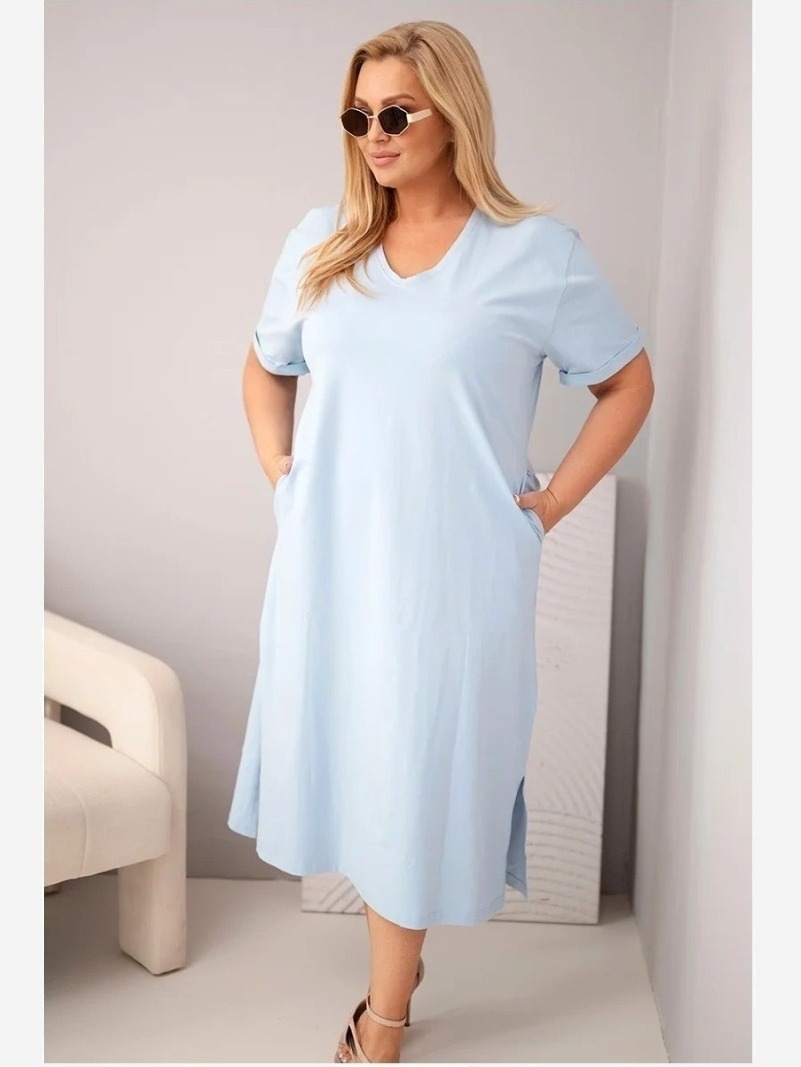 Dámske bavlnené plus size šaty s výstrihom do V modrá