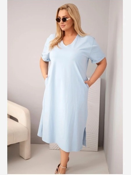 Dámske bavlnené plus size šaty s výstrihom do V modrá