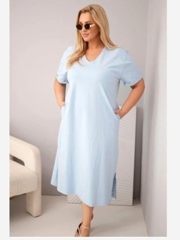 Dámske bavlnené plus size šaty s výstrihom do V modrá