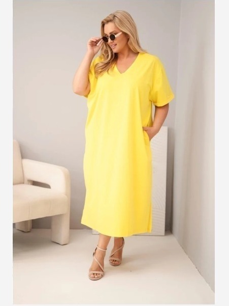 Dámske plus size bavlnené šaty s výstrihom do V žltá