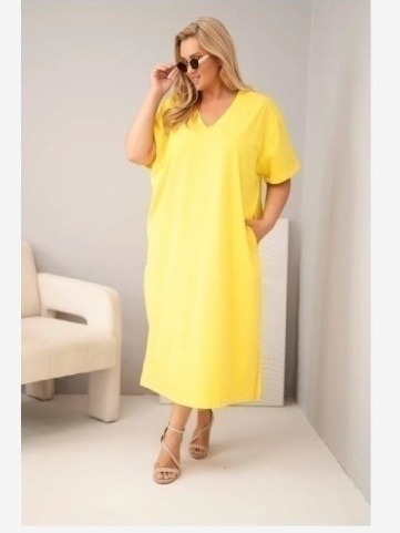 Dámske plus size bavlnené šaty s výstrihom do V žltá